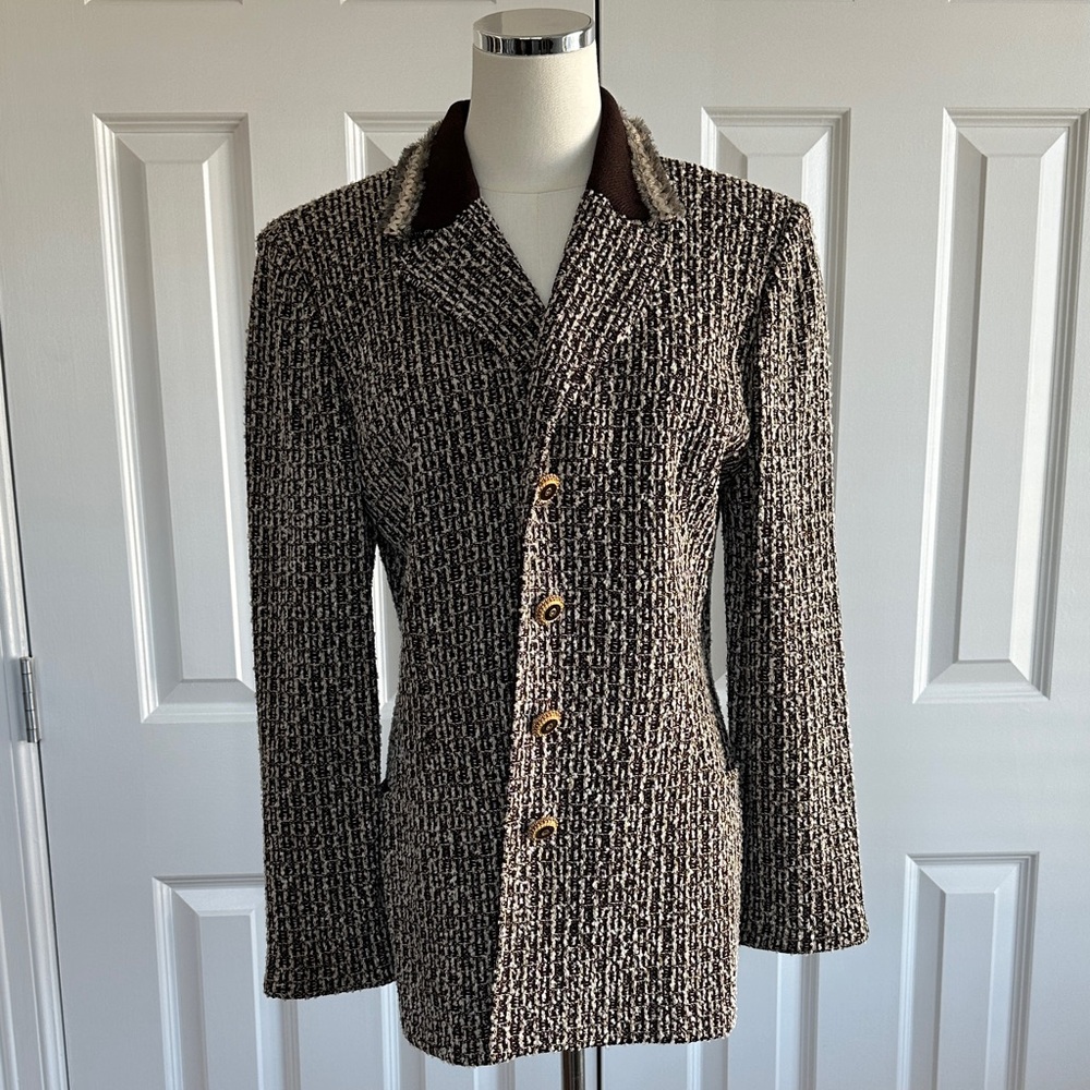 Vintage St. John Collection Brown Gold Thread Tweed Knit Topper Blazer Size 12